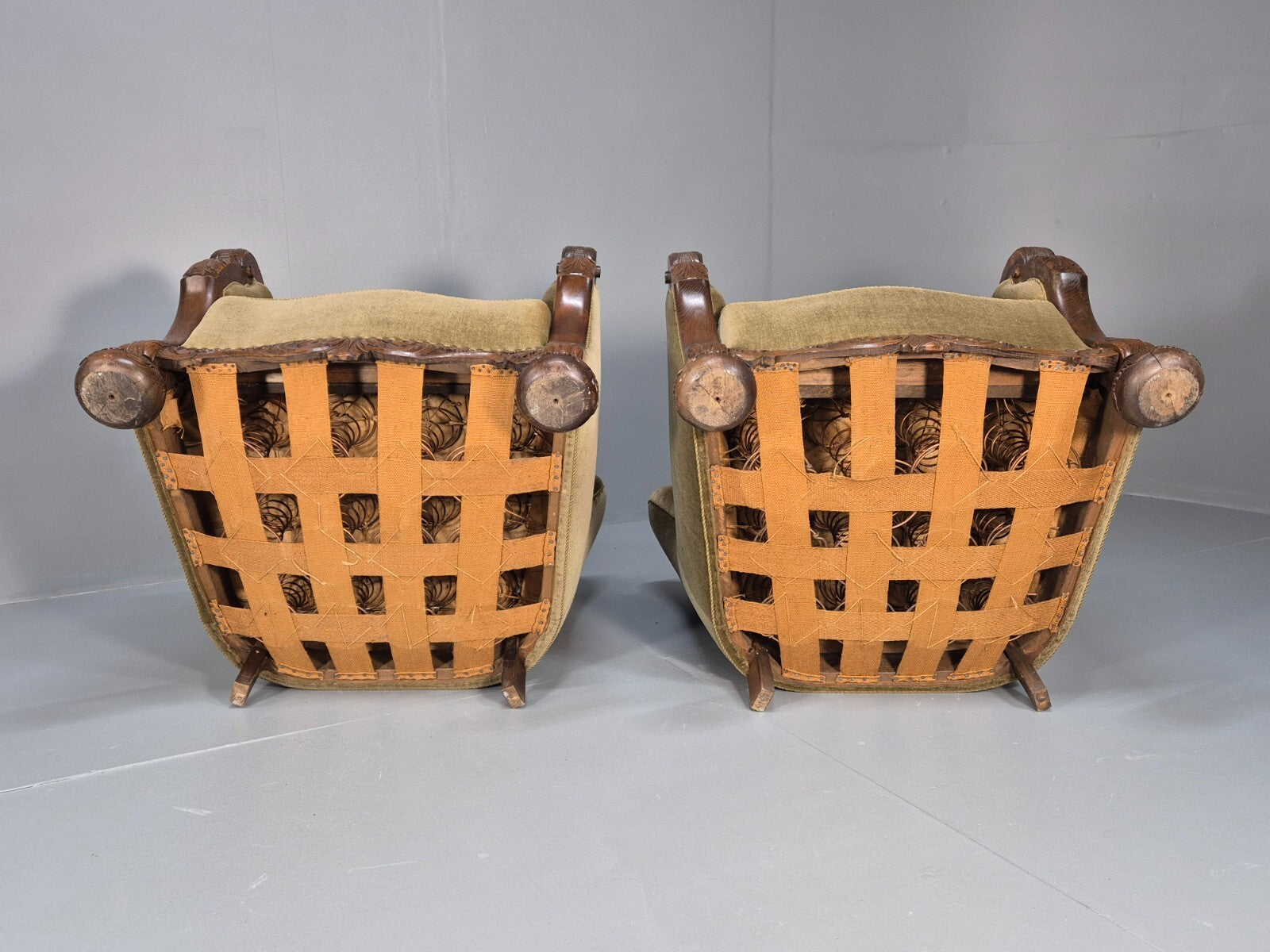 2 Antique Carved oak Danish Lounge Chairs Mink Velour Fan Back 1930s EB9557 VCLO - UKDK FURNITURE