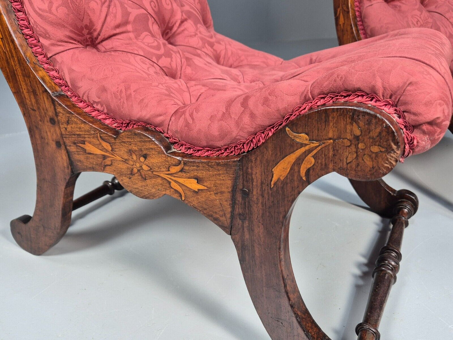 2 Vintage Slipper Chairs Pink Cotton Rosewood Inlay Antique EB8874 VCLO - UKDK FURNITURE