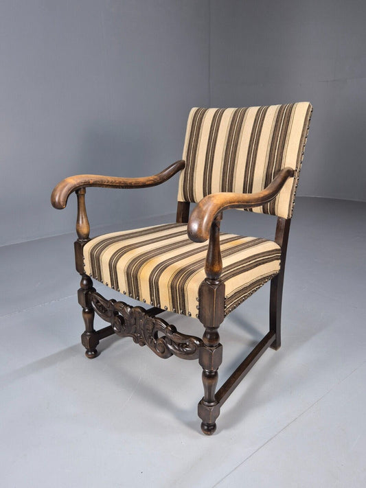 Vintage Danish Baroque Style Elbow Chair Striped Wool Upholstery EB8980 VCAR - UKDK FURNITURE