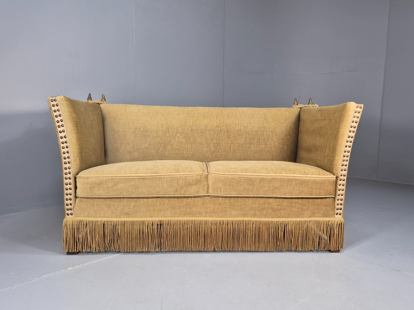 Vintage Two Seater Sofa Green Velour Studded Tassels Danish Design EB9549 V2SS - UKDK FURNITURE