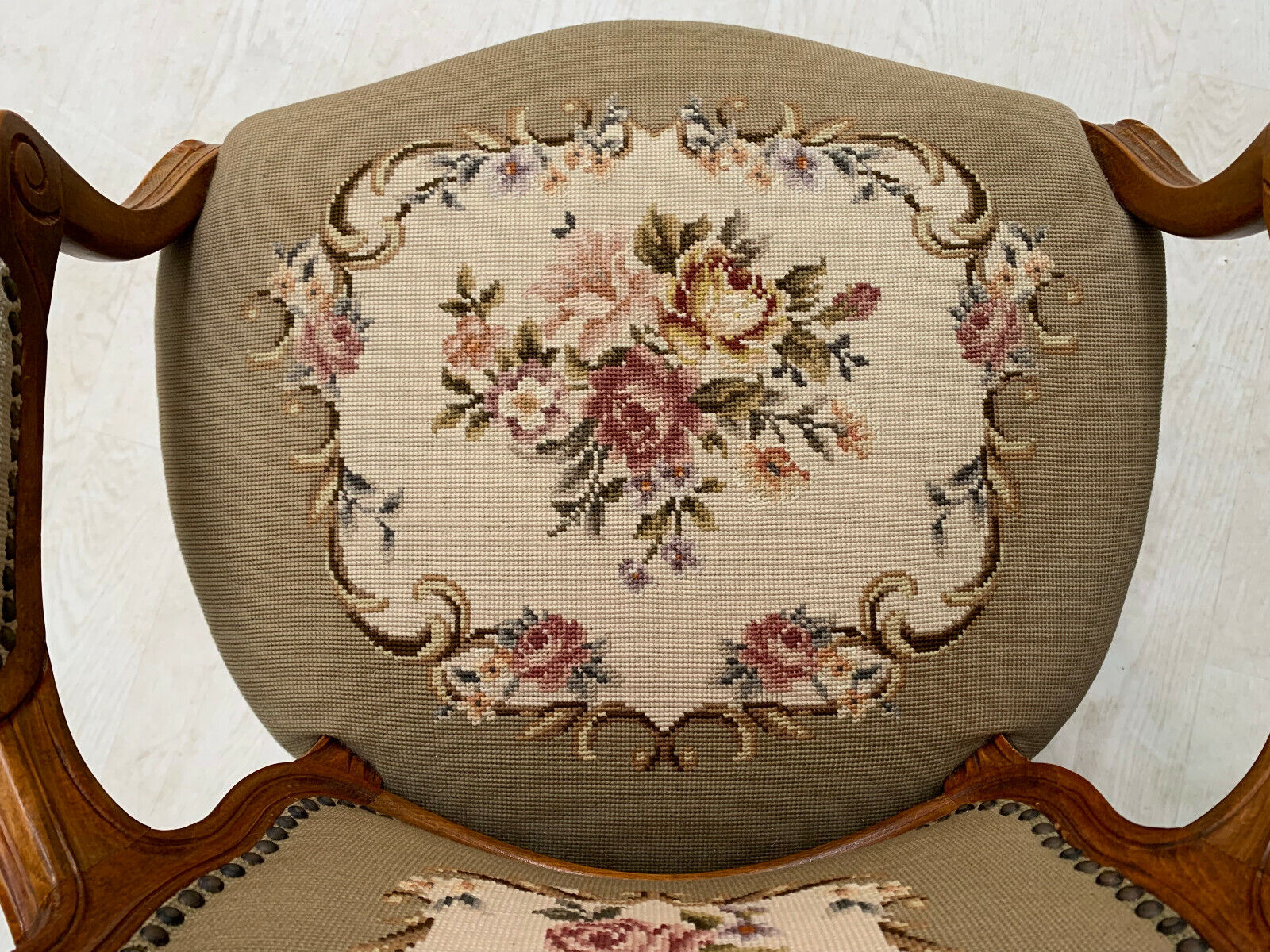 Danish Carved Beech & Beige Floral Wool Arm Chair Vintage Lounge EB2515 VCAR - UKDK FURNITURE