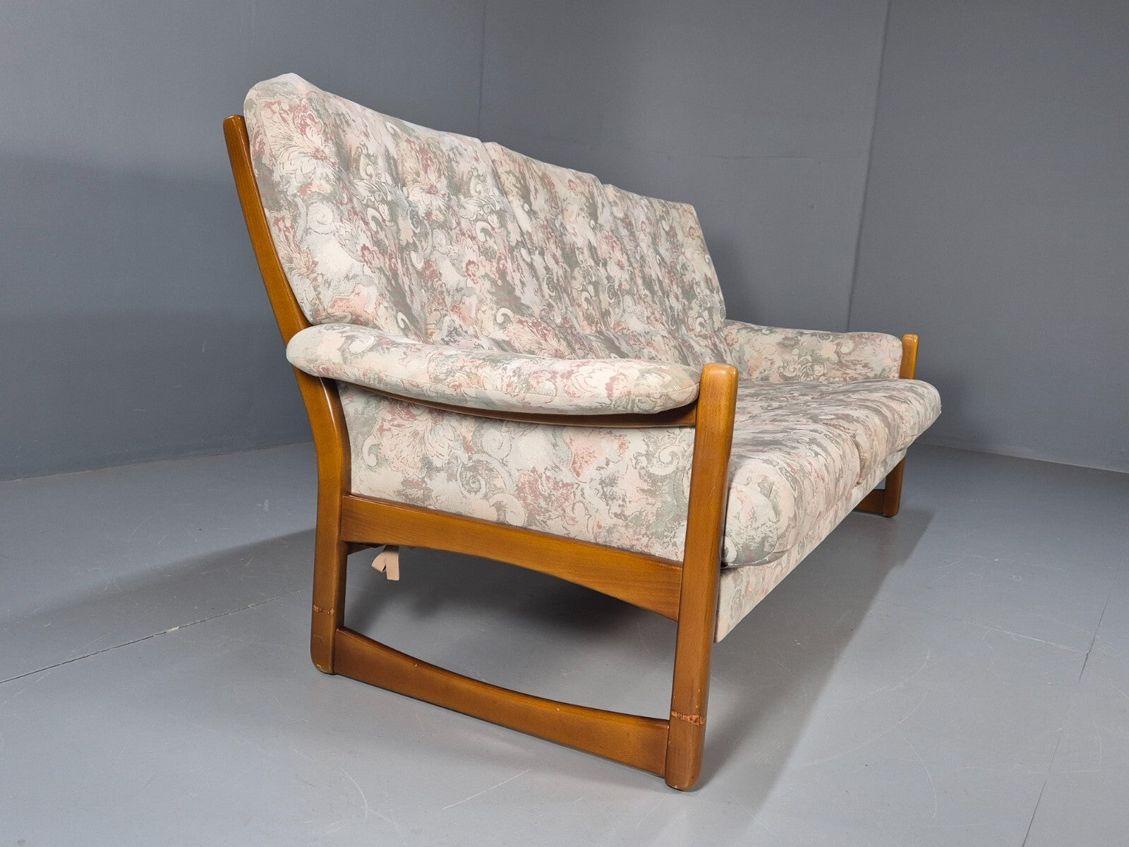 Vintage 1970s Wood Frame 3 Seat Sofa Floral Cotton Upholstery Retro EB9474 M3SS - UKDK FURNITURE