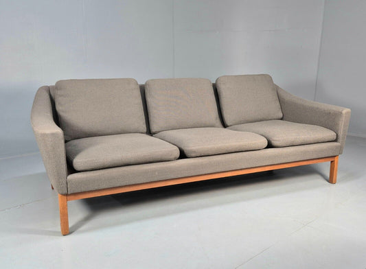 Vintage Swedish 3 Seat Sofa Taupe Wool Teak Base 1960s Retro MCM EB7667 M3SS - UKDK FURNITURE