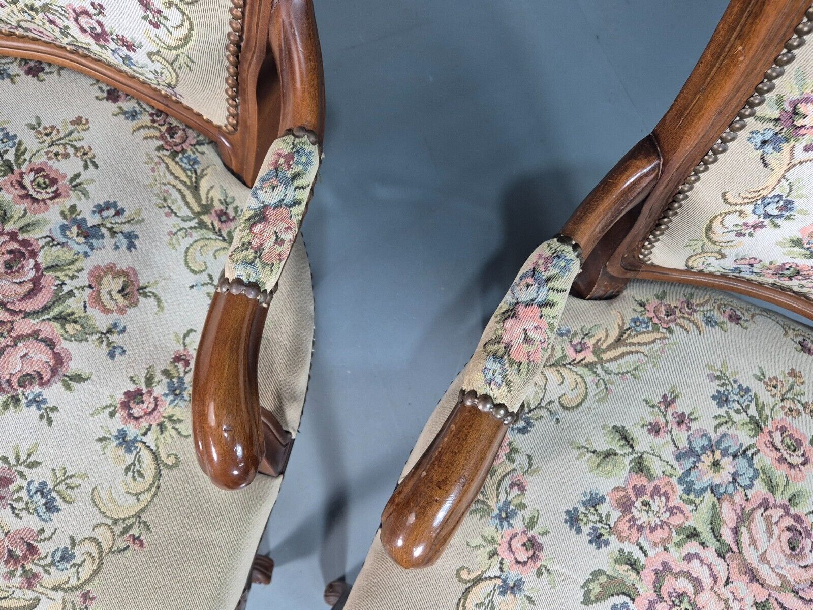 2 Vintage Danish Lounge Chairs Fauteuil Floral Tapestry French Repro EB8077 VCAR - UKDK FURNITURE