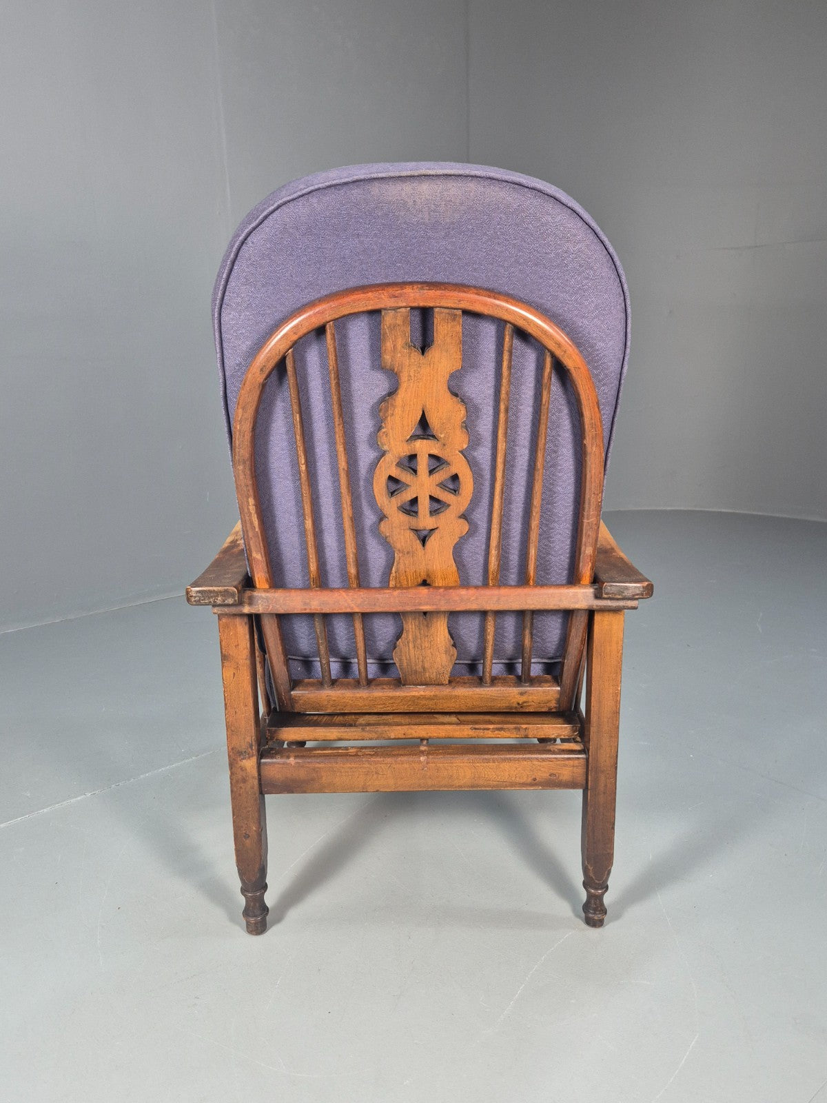 Antique Oak Wheel Back Folding Chair Purple upholstery 1900s EB10629 VCAR10