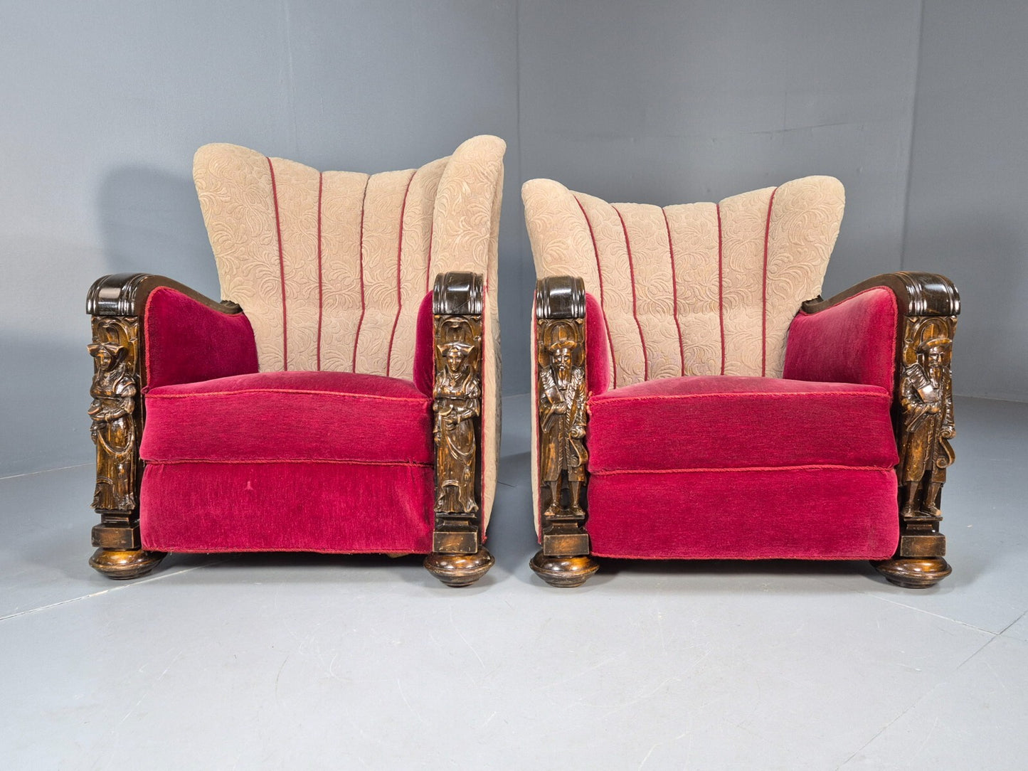 Art Deco Style Armchairs Pair Carved Oak Figures Creme Red Velour EB9586 VCAR - UKDK FURNITURE