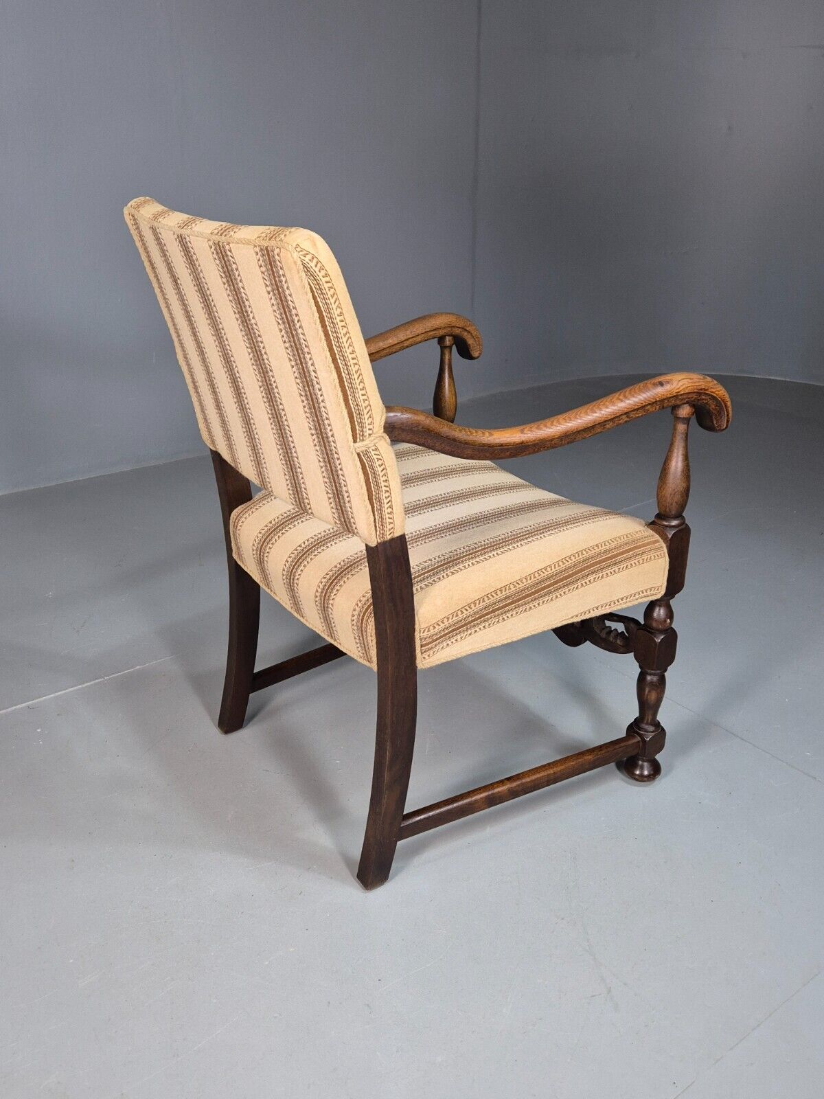 Vintage Danish Elbow Chair Cream Stripe Oak Frame 1950s Repro EB8084 VDIN - UKDK FURNITURE
