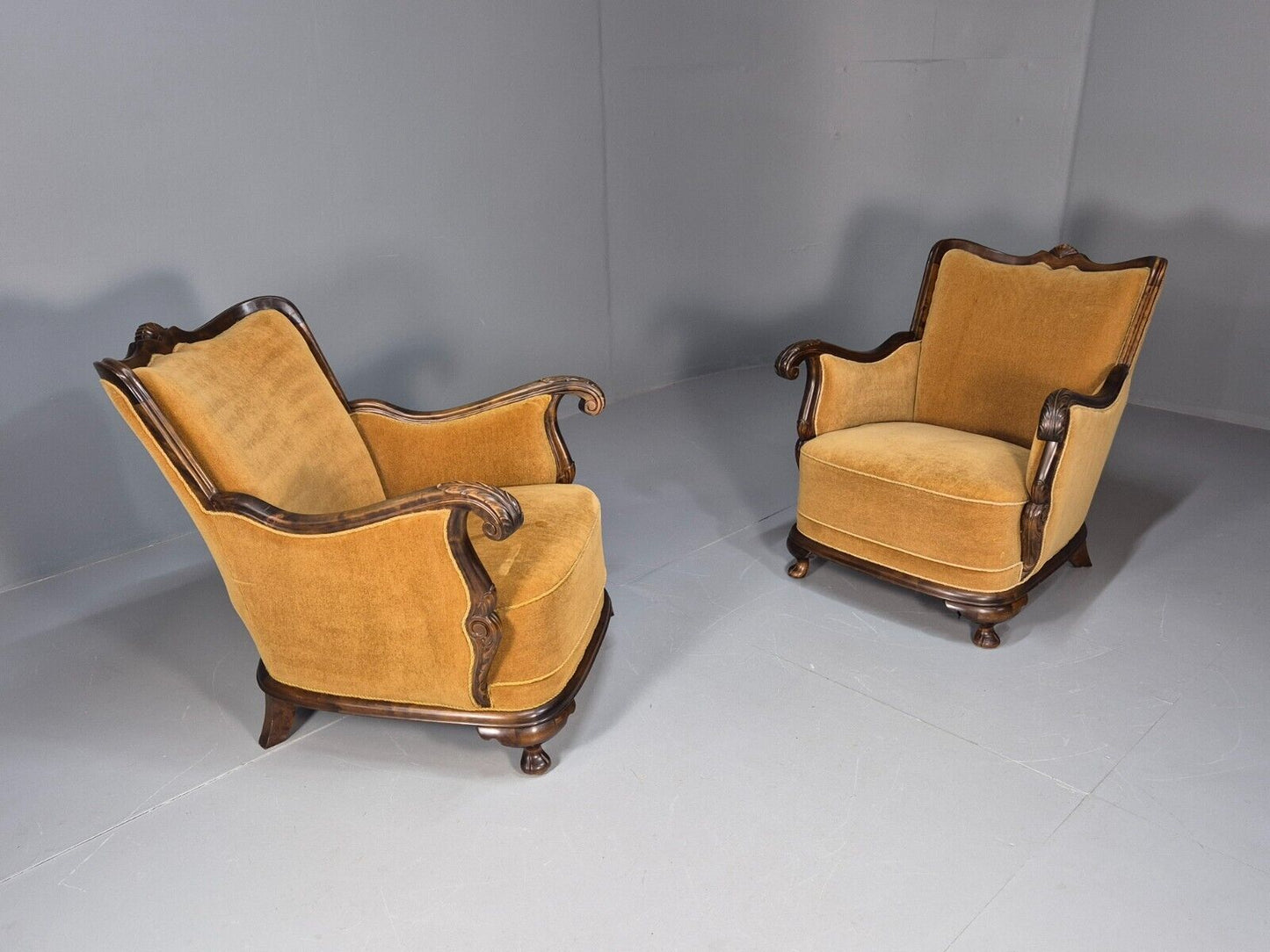 2 Vintage Danish Antique Chairs Gold Velour 1930s Carved Wood EB8969 VCLO - UKDK FURNITURE