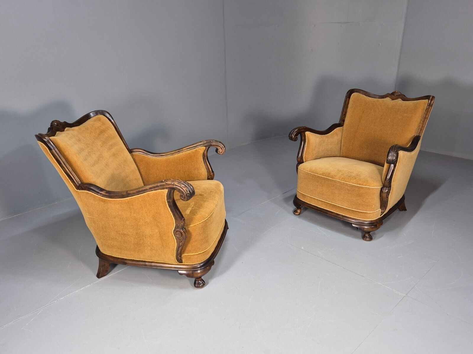 2 Vintage Danish Antique Chairs Gold Velour 1930s Carved Wood EB8969 VCLO - UKDK FURNITURE
