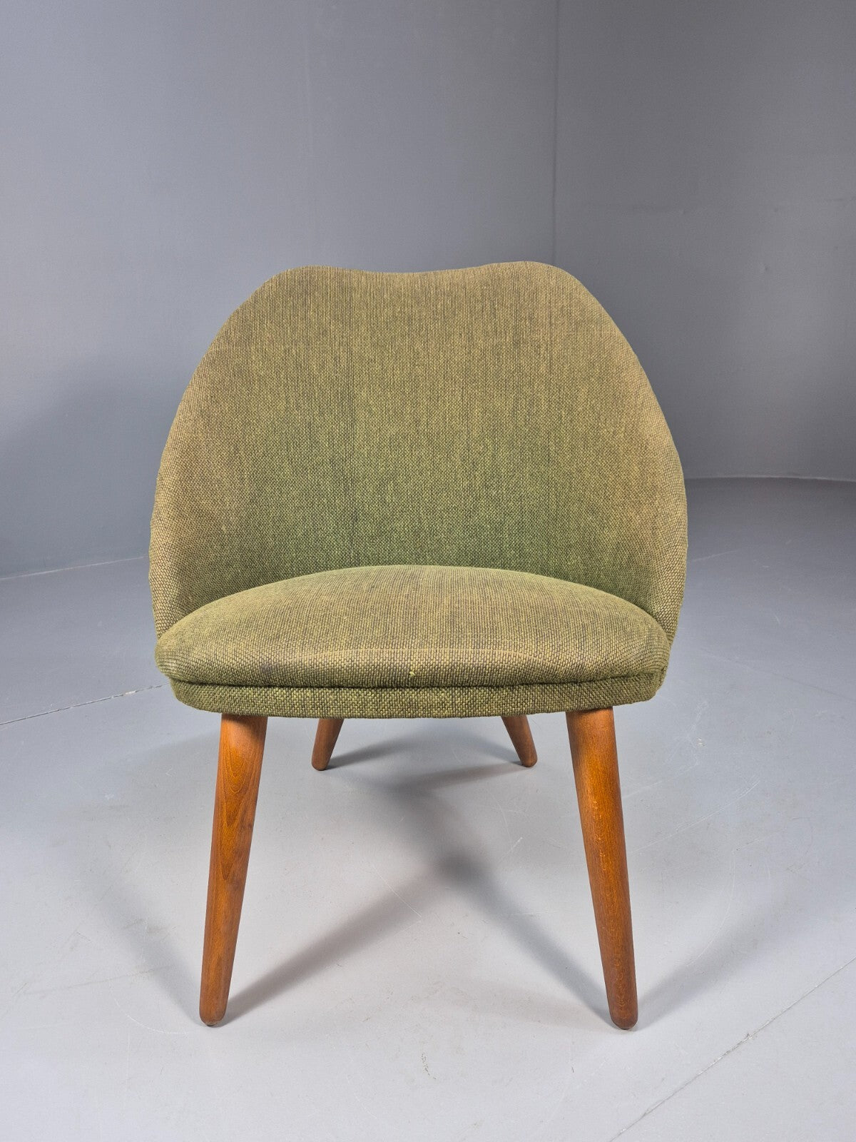 Vintage Danish Lounge Chair Curved Tub Form Green Wool Teak Legs MCM EB9264 MNOR - UKDK FURNITURE