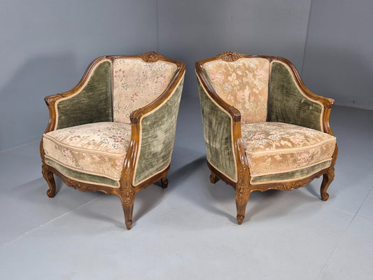 2 Vintage Rococo Armchairs 1920s Danish Green and Floral Antique EB9555 VCLO - UKDK FURNITURE