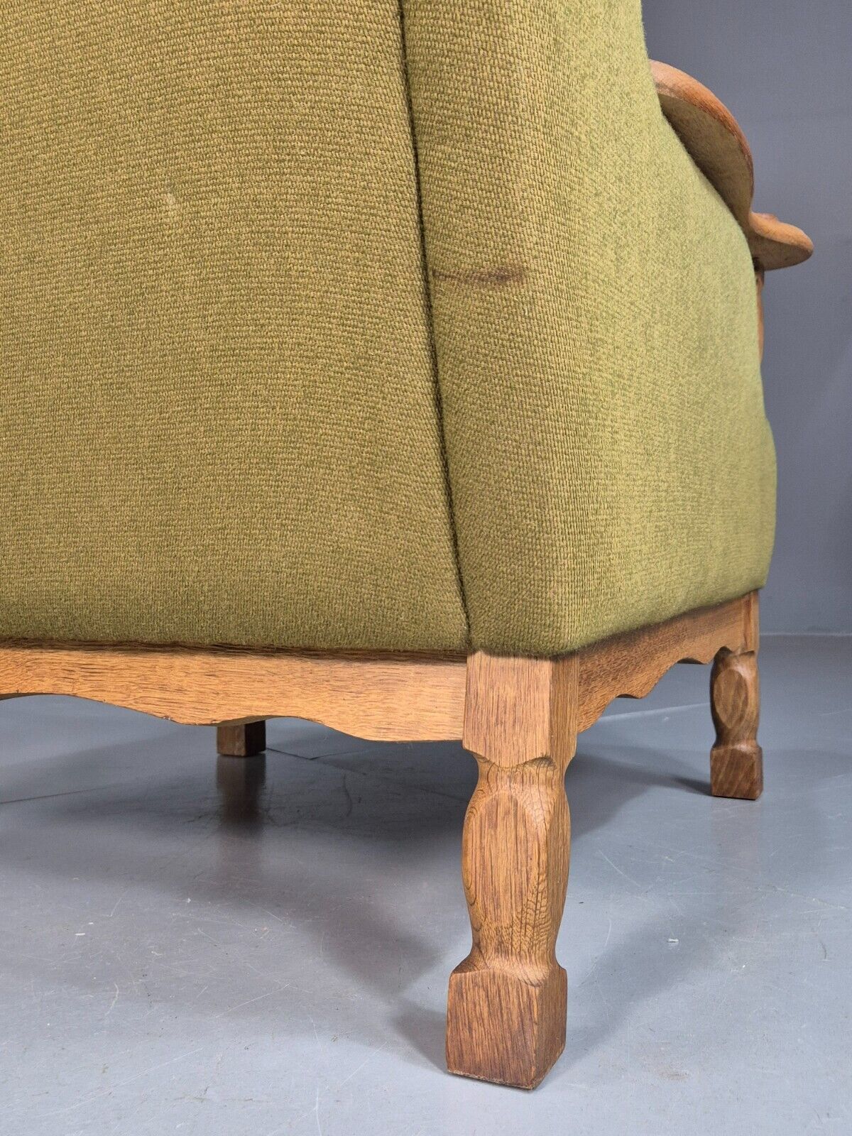 Vintage Danish Green Striped Wingback Armchair Oak Studded Skippers EB8044 MNOR - UKDK FURNITURE