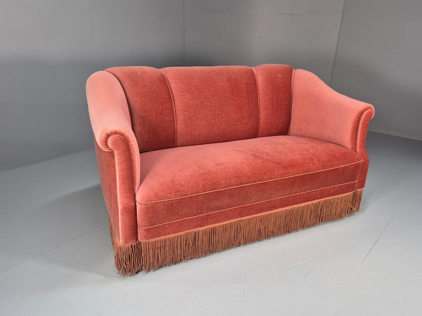 Vintage Art Deco Danish 2 Seat Sofa Pink Velour Tassels 1940s EB9666 V2SS - UKDK FURNITURE