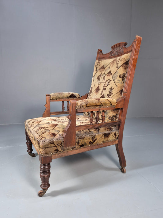 Antique Mahogany Library Chair Beige Geometric Fabric Edwardian EB9703 VCAR - UKDK FURNITURE