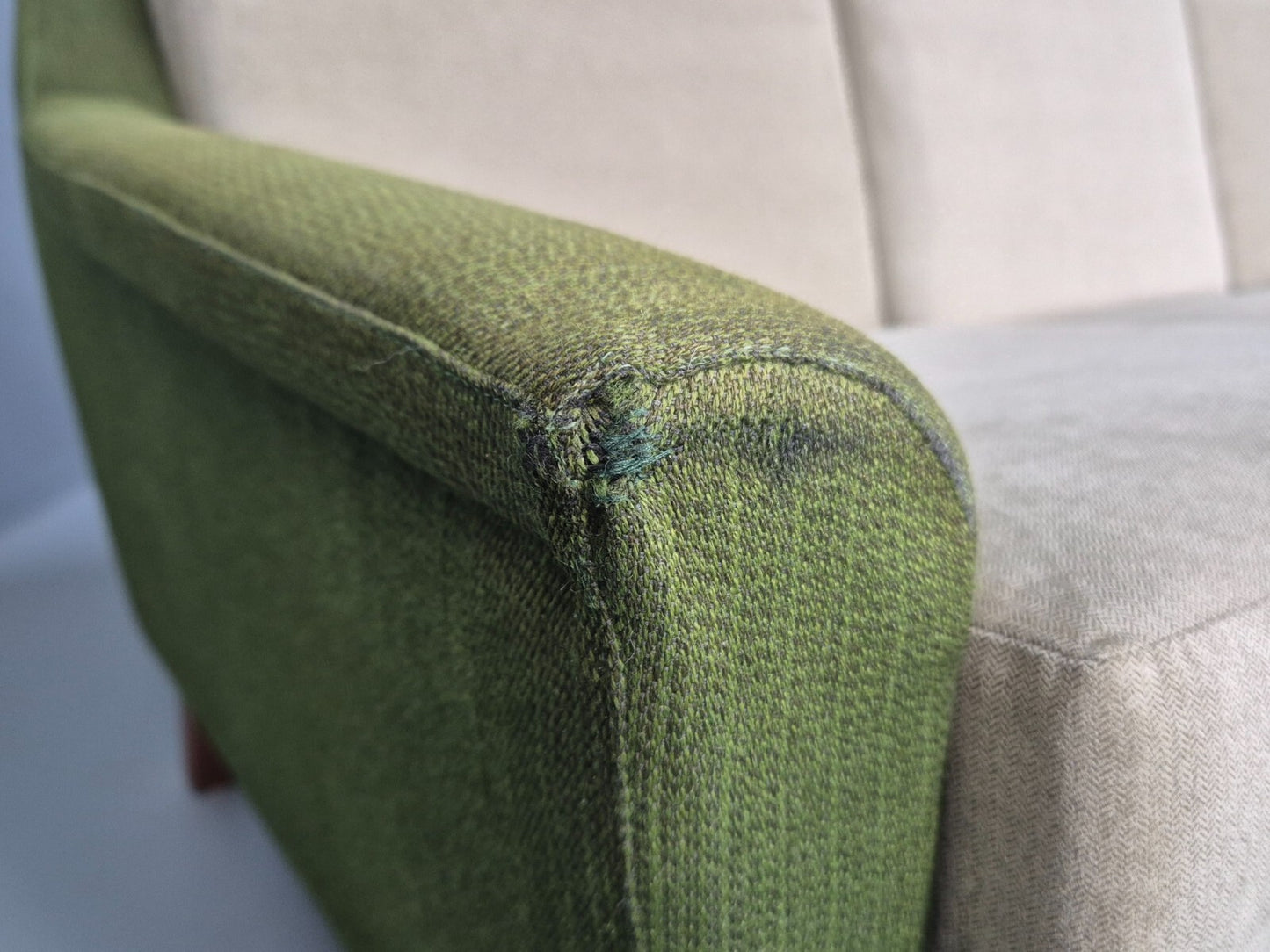 Mid Century 3 Seater Sofa Green Cream Fabric Teak Vintage Scandi EB9794 M3SS - UKDK FURNITURE