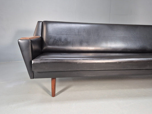 Vintage Danish Sofa Bed Black Vinyl Teak Paws Legs Reupholstery MCM EB7273 M4SS - UKDK FURNITURE