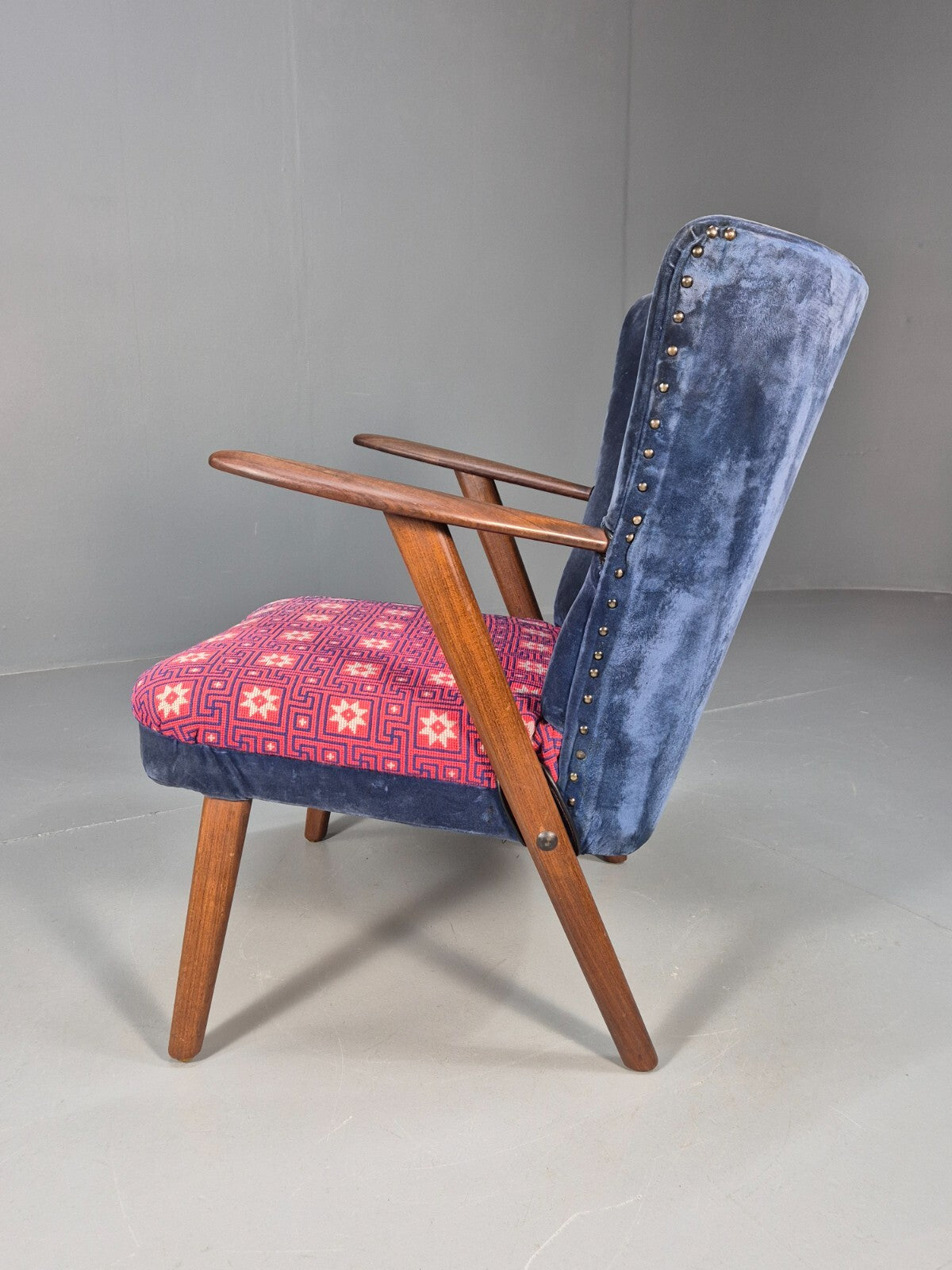 Danish 1960s Armchair Teak Blue Pink Fabric Eran Møbler EB9316 MNOR - UKDK FURNITURE