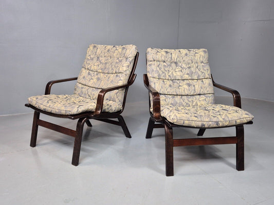 2 Vintage Danish Lounge Chairs Blue Floral Bentwood Retro 1980s MCM EB8337 MBEN - UKDK FURNITURE