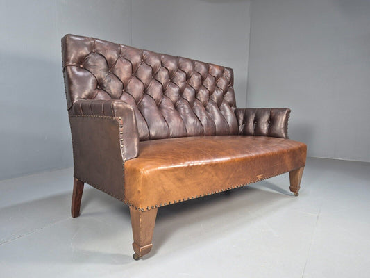 Vintage Antique Danish Sofa Deep Buttoned High Backed Leather Settee EB9048 V2SS - UKDK FURNITURE