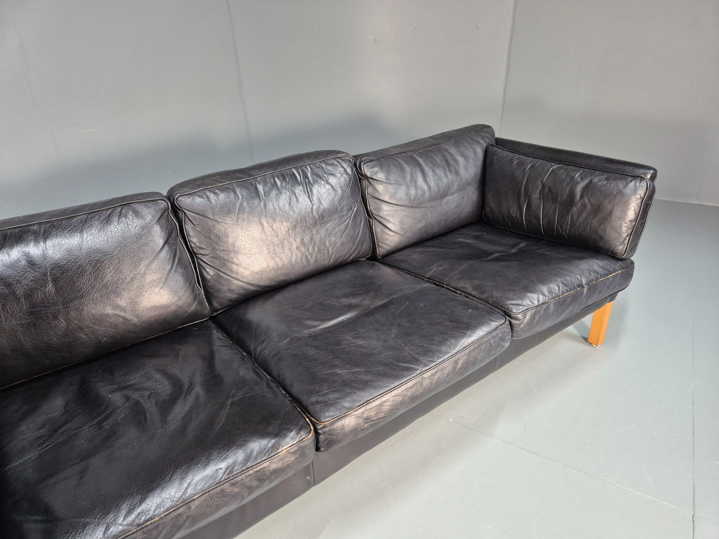 Mid Century Three Seater Sofa Vintage Danish Black Leather Retro EB10114 M3SS3