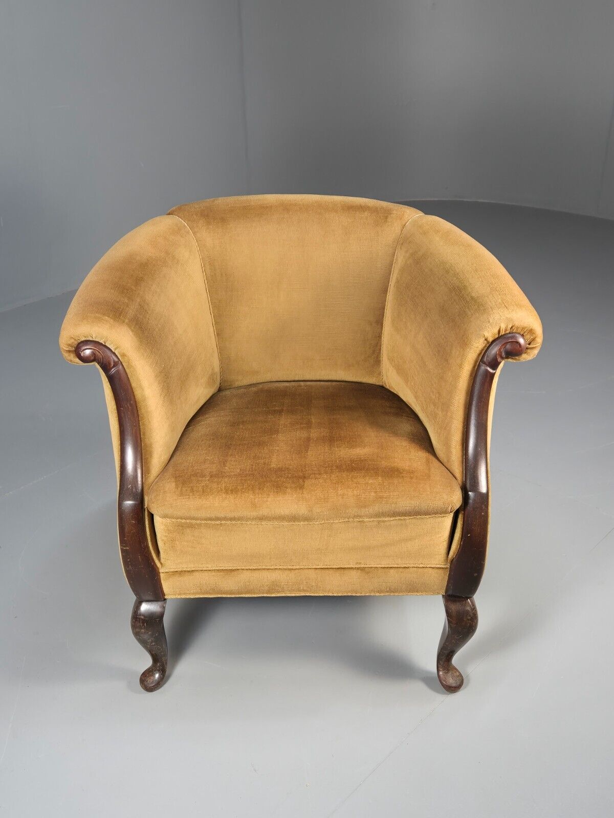 Vintage Danish Deco Era Tub Chair Gold Velour Mahogany 1930s EB9051 VCLO - UKDK FURNITURE