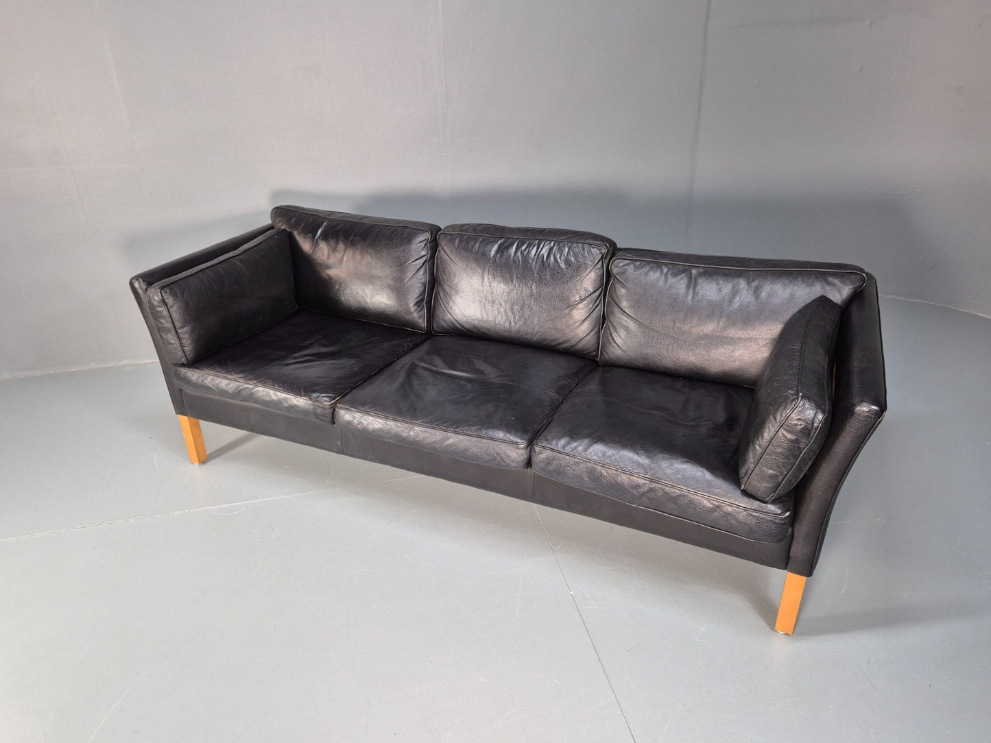 Mid Century Three Seater Sofa Vintage Danish Black Leather Retro EB10114 M3SS6