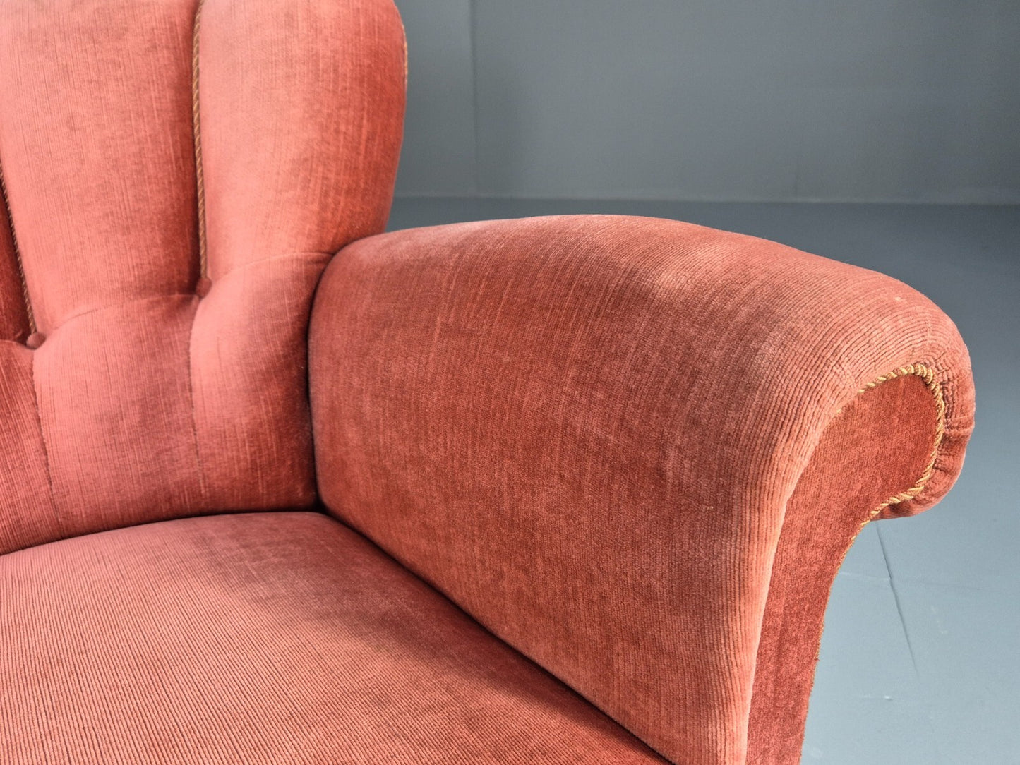 Vintage Danish Art Deco shell back Lounge Chair Pink Velour Bun Feet EB9556 MNOR - UKDK FURNITURE