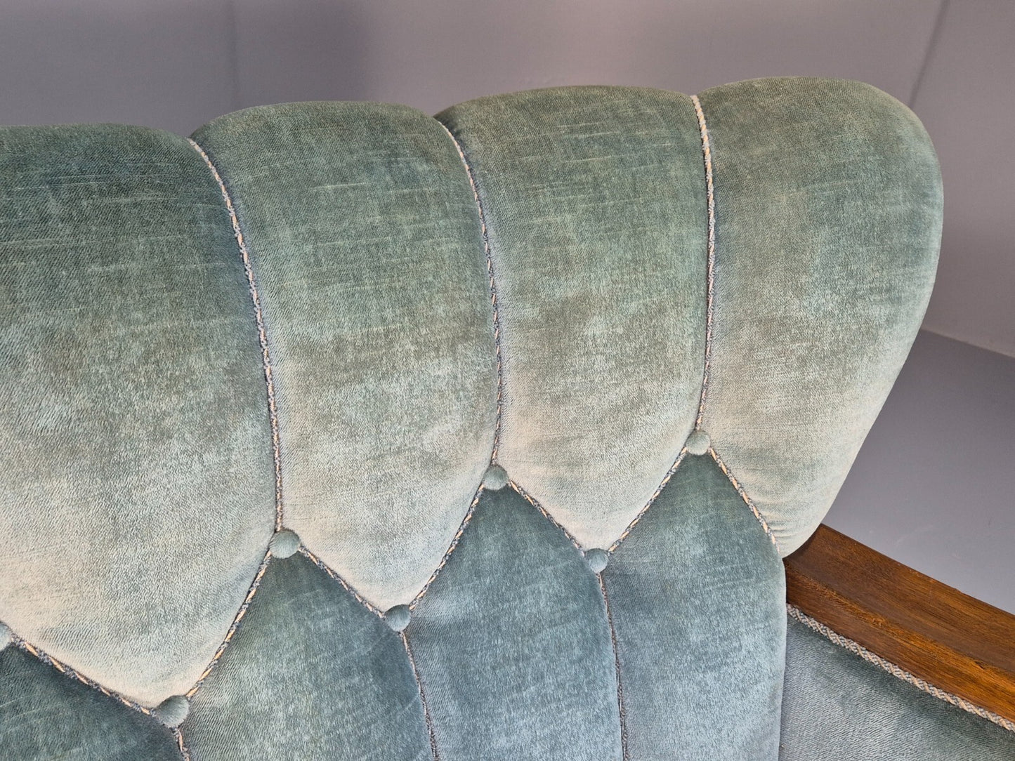 Vintage Danish Art Deco Sofa Blue Velvet Velour Oak Frame Shell Back EB9591 V3SS - UKDK FURNITURE