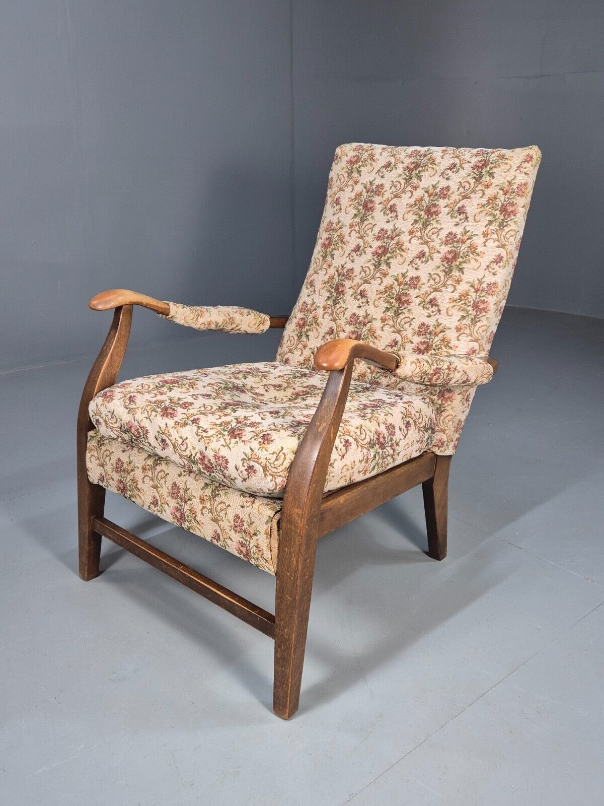 Vintage Lounge Chair Floral Cotton Wood Frme 1950s Cintique Retro