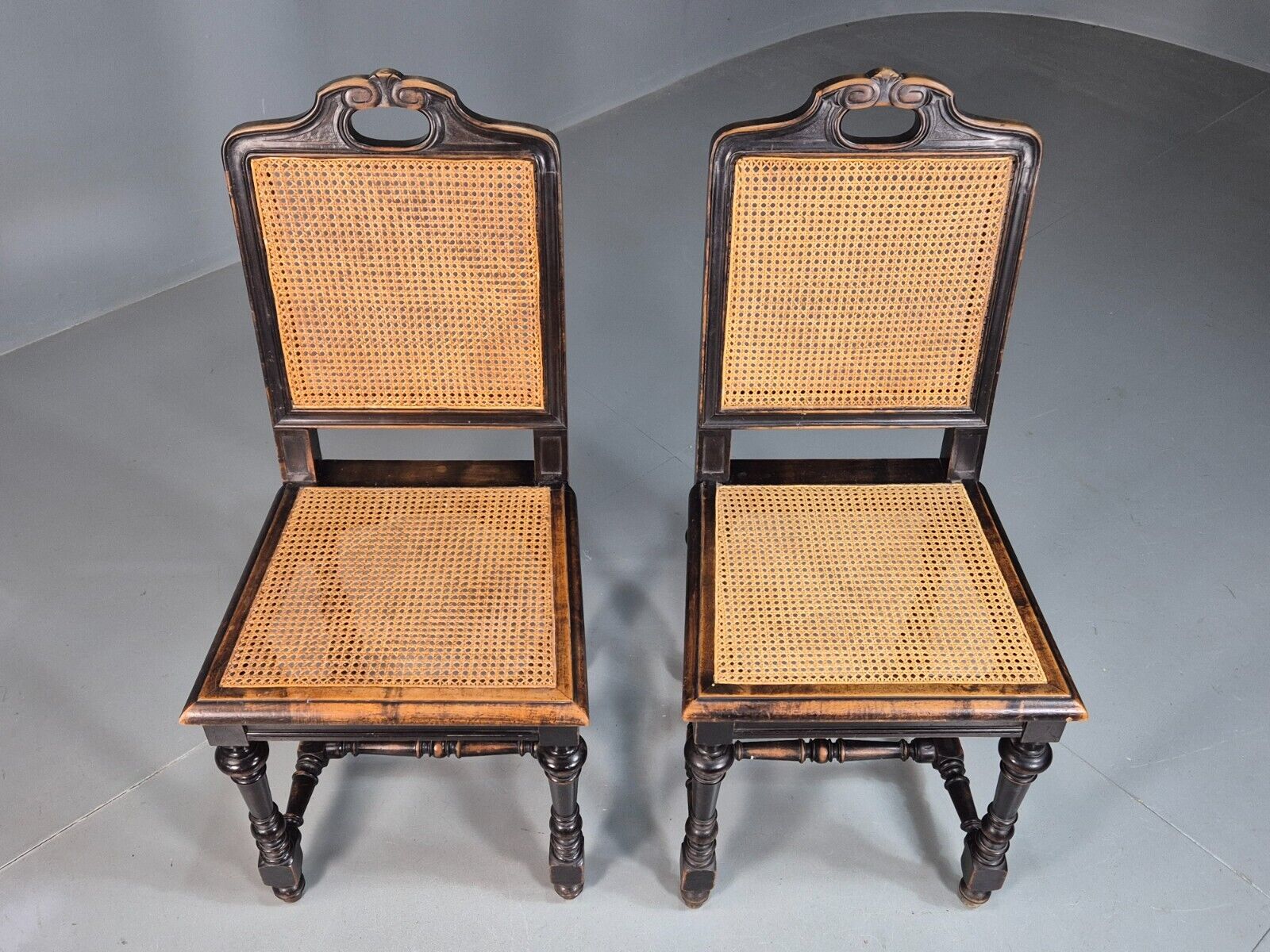 2 Vintage Dining Chairs Bergere Ebonised Aesthetic Movement Antique EB7975 VBER - UKDK FURNITURE