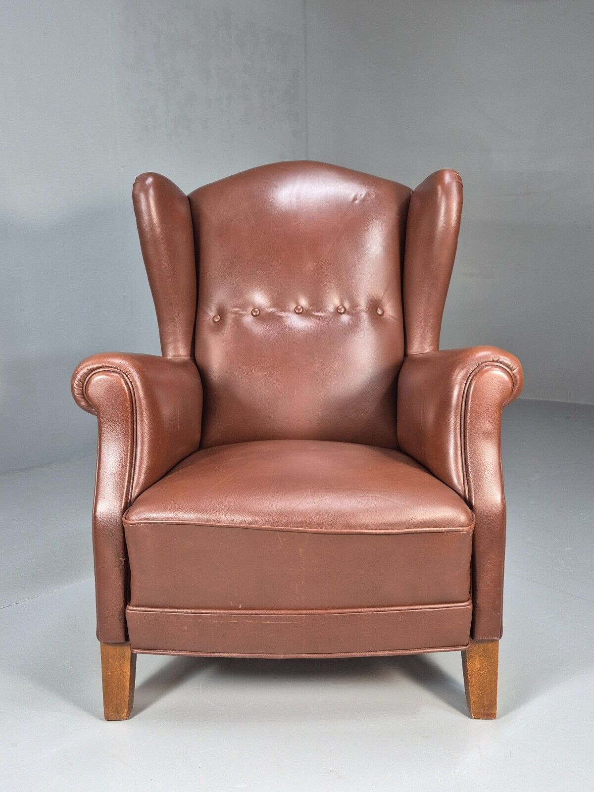 Vintage Danish Wingback Armchair Brown Leather Button Detail EB8782 VLEA - UKDK FURNITURE