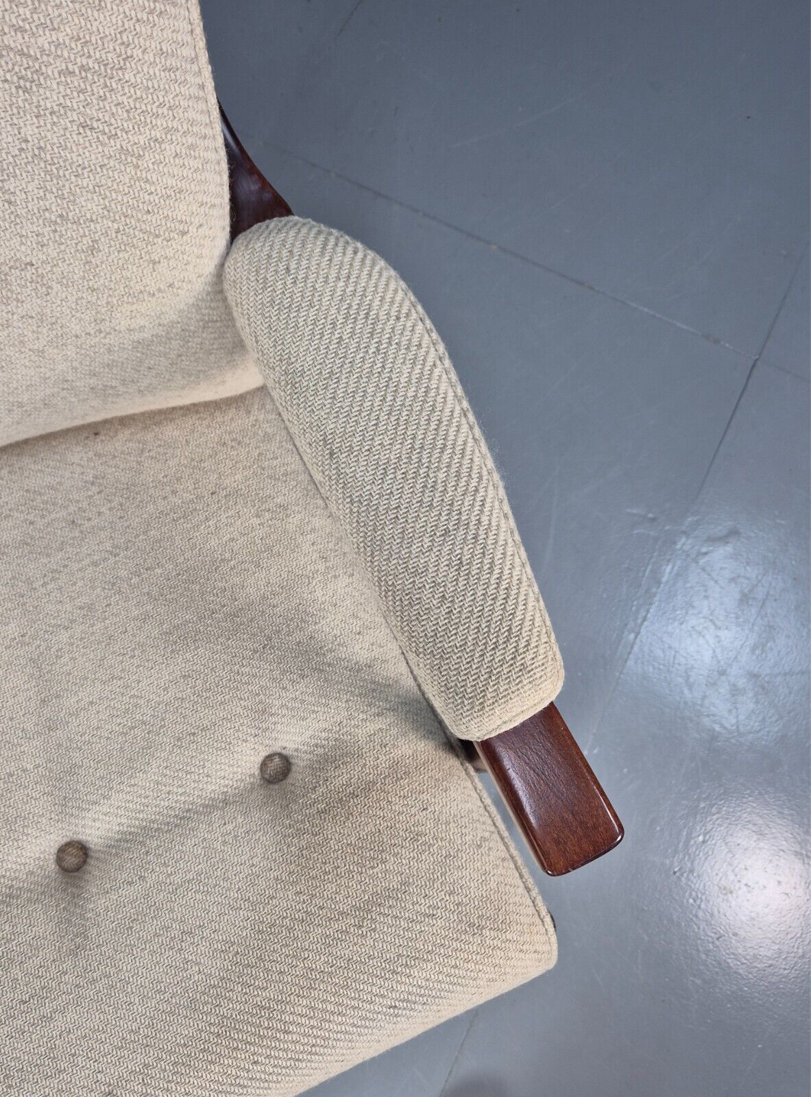 Vintage Danish Lounge Chair Beige Wool Wood Frame 1970s Retro EB8539 MNOR - UKDK FURNITURE