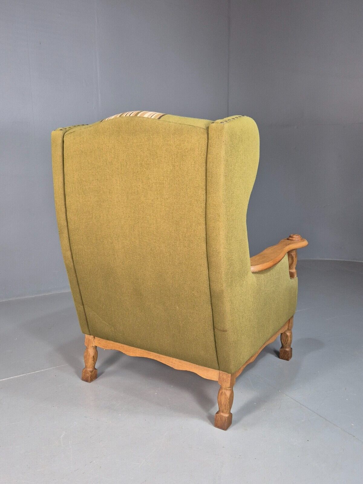 Vintage Danish Green Striped Wingback Armchair Oak Studded Skippers EB8044 MNOR - UKDK FURNITURE