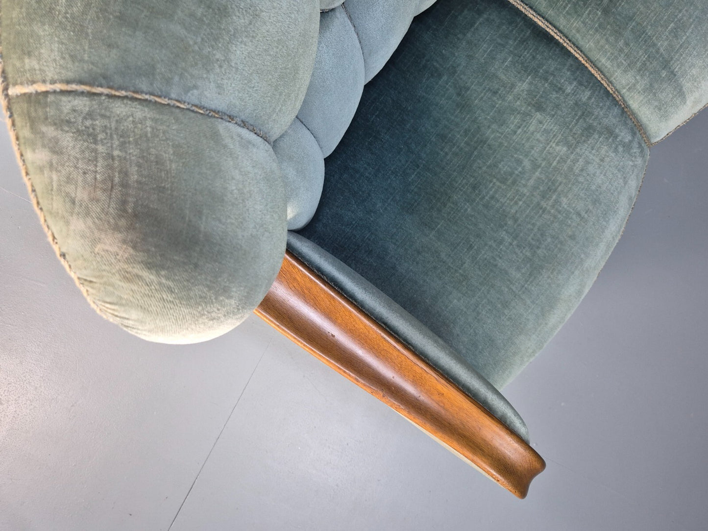 Vintage Danish Art Deco Sofa Blue Velvet Velour Oak Frame Shell Back EB9591 V3SS - UKDK FURNITURE
