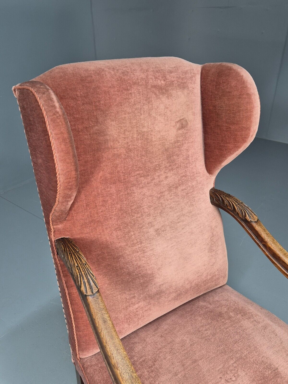Vintage Danish Lounge Chair Pink Peach Velour Oak 17th Century Style EB8985 VCLO - UKDK FURNITURE