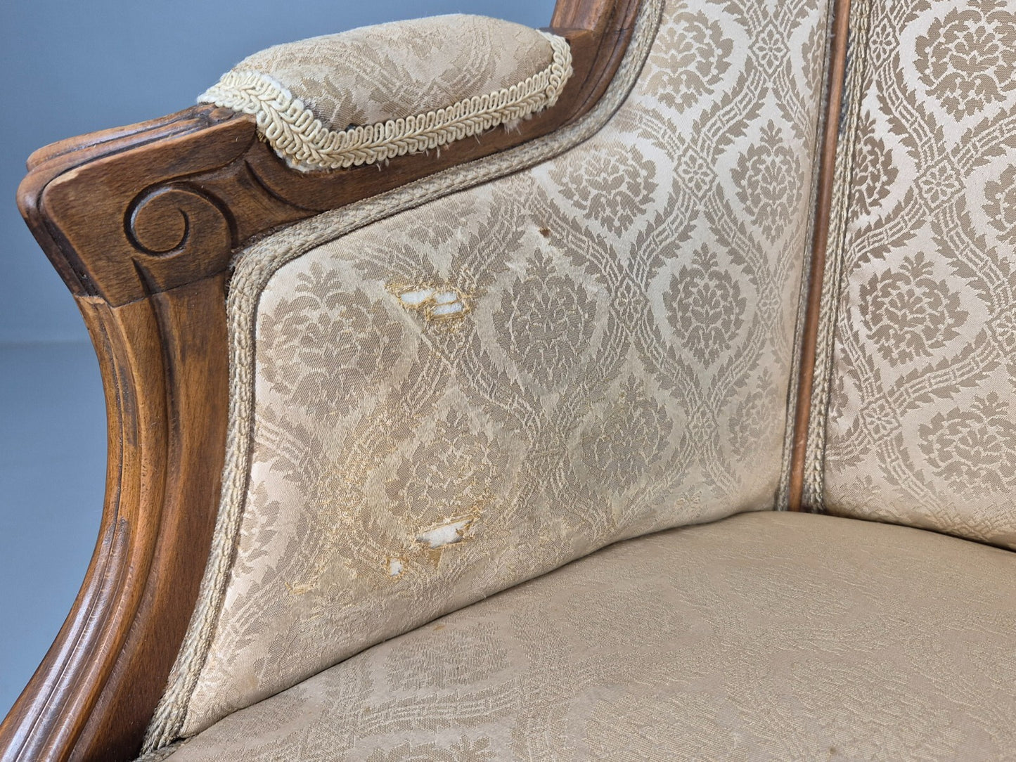 High and Low Back Danish Antique Rococo Style Lounge Chairs Damask EB9036 VCLO - UKDK FURNITURE