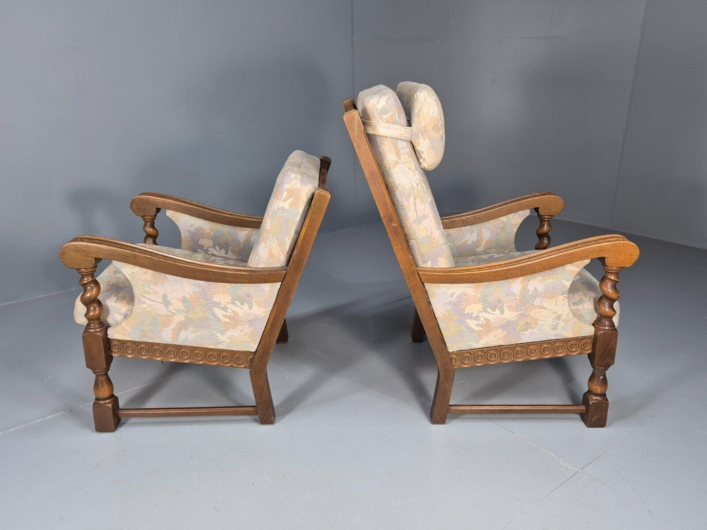 2 Vintage Danish Lounge Chairs Floral Beige Cotton Oak Frame Baroque EB8952 VCLO - UKDK FURNITURE