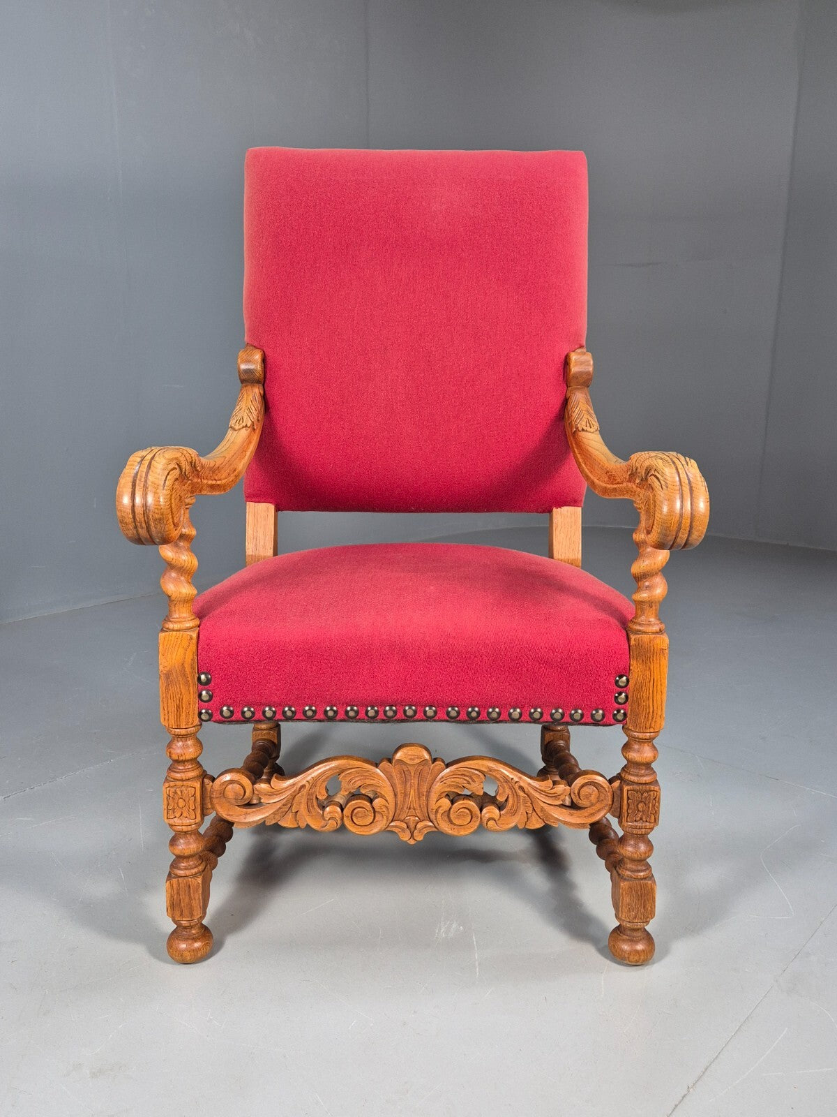 Vintage Danish Baroque Style Armchair in Red Wool and Oak 1950s EB9582 VCAR - UKDK FURNITURE
