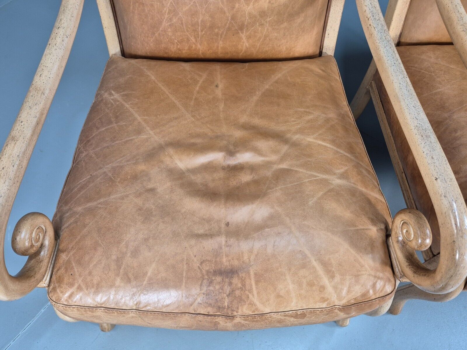 2 Vintage Lounge Chairs Tan Leather Cream Wood Frame Antique Style EB9028 VLEA - UKDK FURNITURE