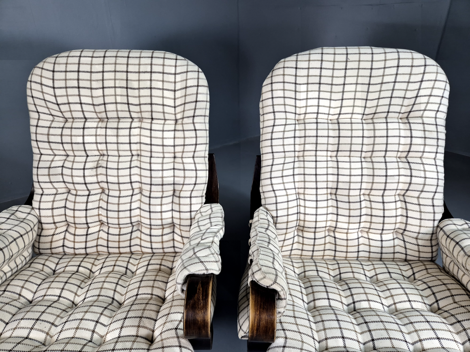 2 Vintage Swivel Chairs Cream Checkered Wool Bentwood Retro MCM EB7192 MBEN - UKDK FURNITURE