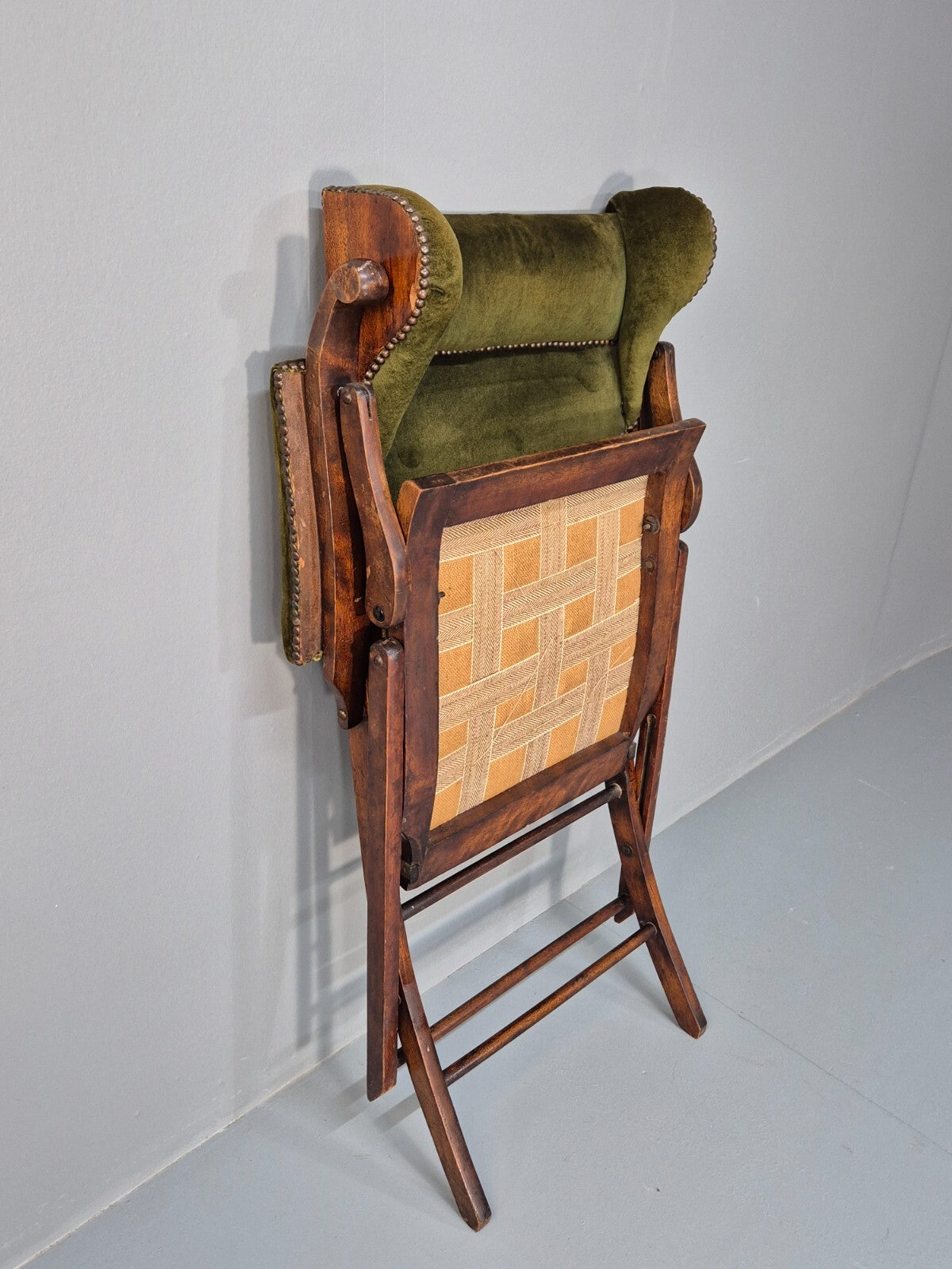 Antique Campaign Chair in Green Velour and Mahogany Victorian EB9696 VCLO - UKDK FURNITURE