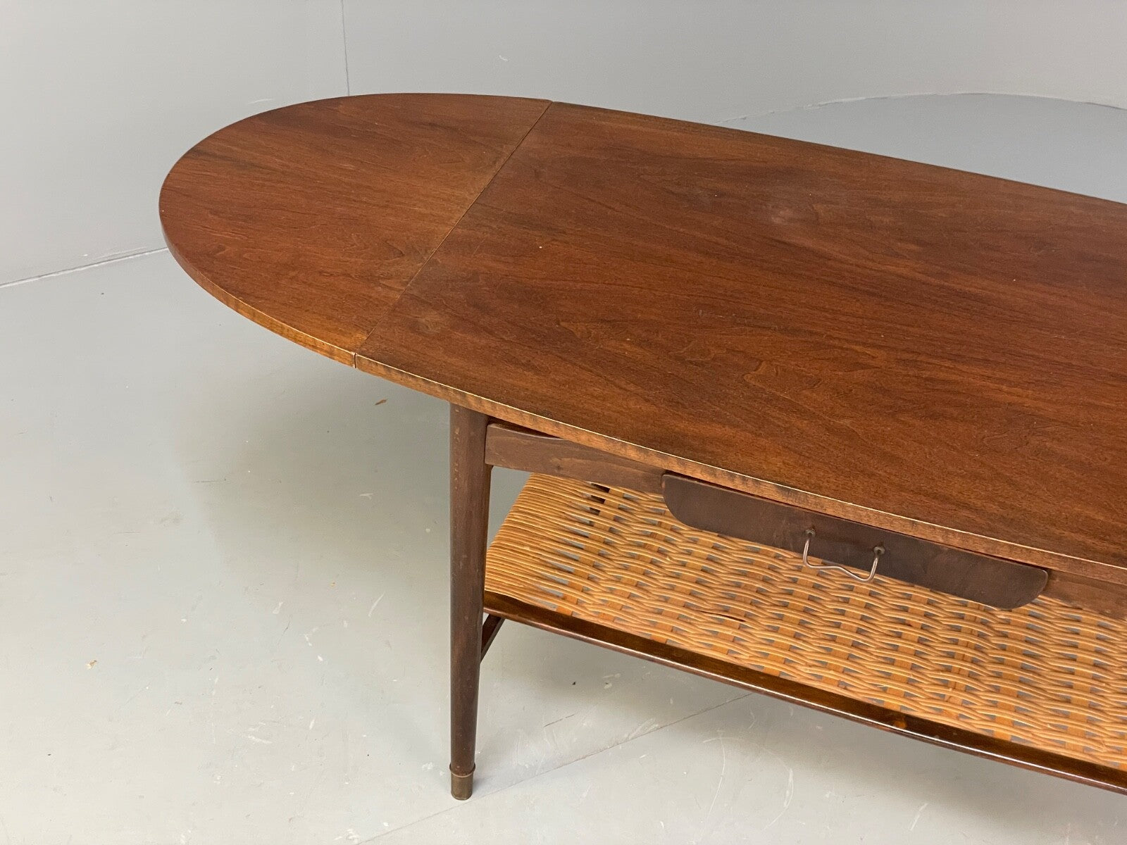 Vintage Walnut Extending Coffee Table Rattan Shelf Drawers 1950s EB9441 MWOO - UKDK FURNITURE