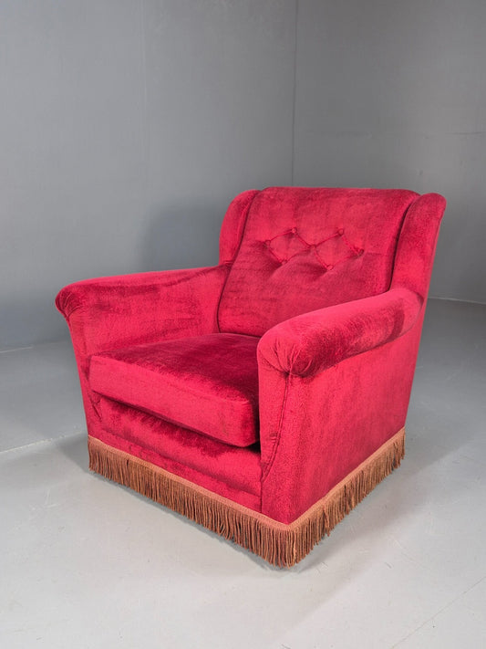 A Vintage Danish Lounge Chair Deep Red Velvet Velour 1960s Retro EB9031 MNOR - UKDK FURNITURE