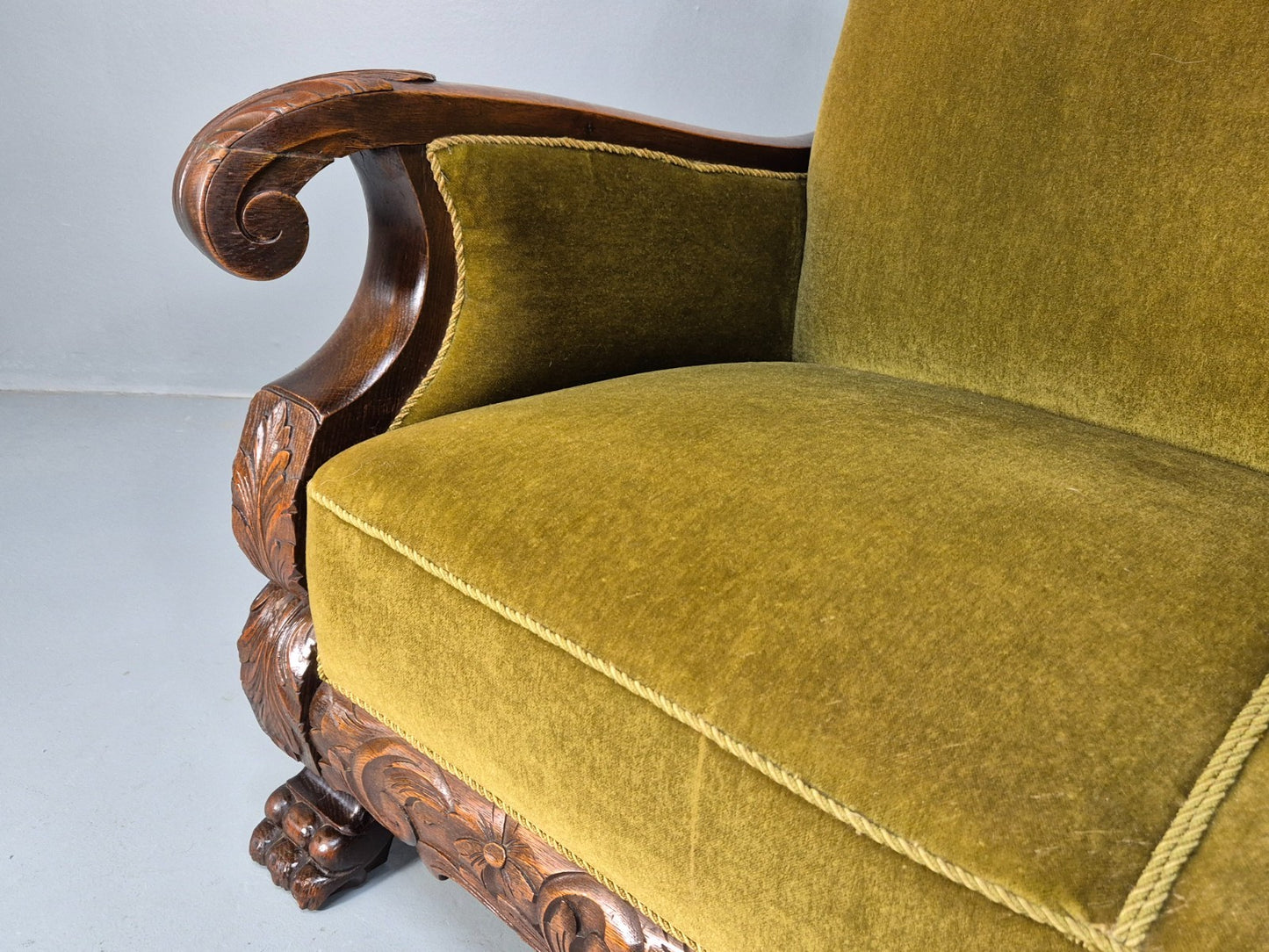 Vintage Danish Baroque Style 3 Seat Settee Green Velour Antique 1920 EB9653 V3SS - UKDK FURNITURE