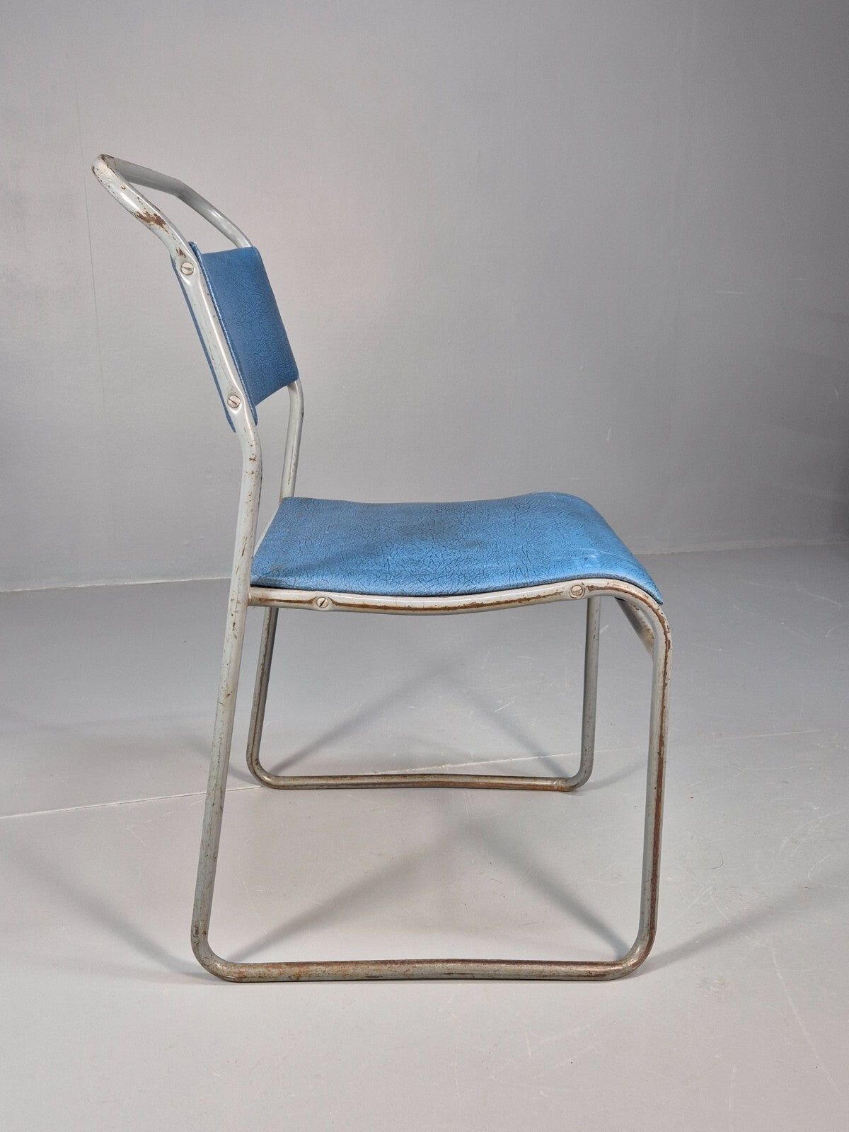 7 1950s Stacking Village Hall Chairs PEL style models in Blue Vinyl EB9470 MSTA - UKDK FURNITURE