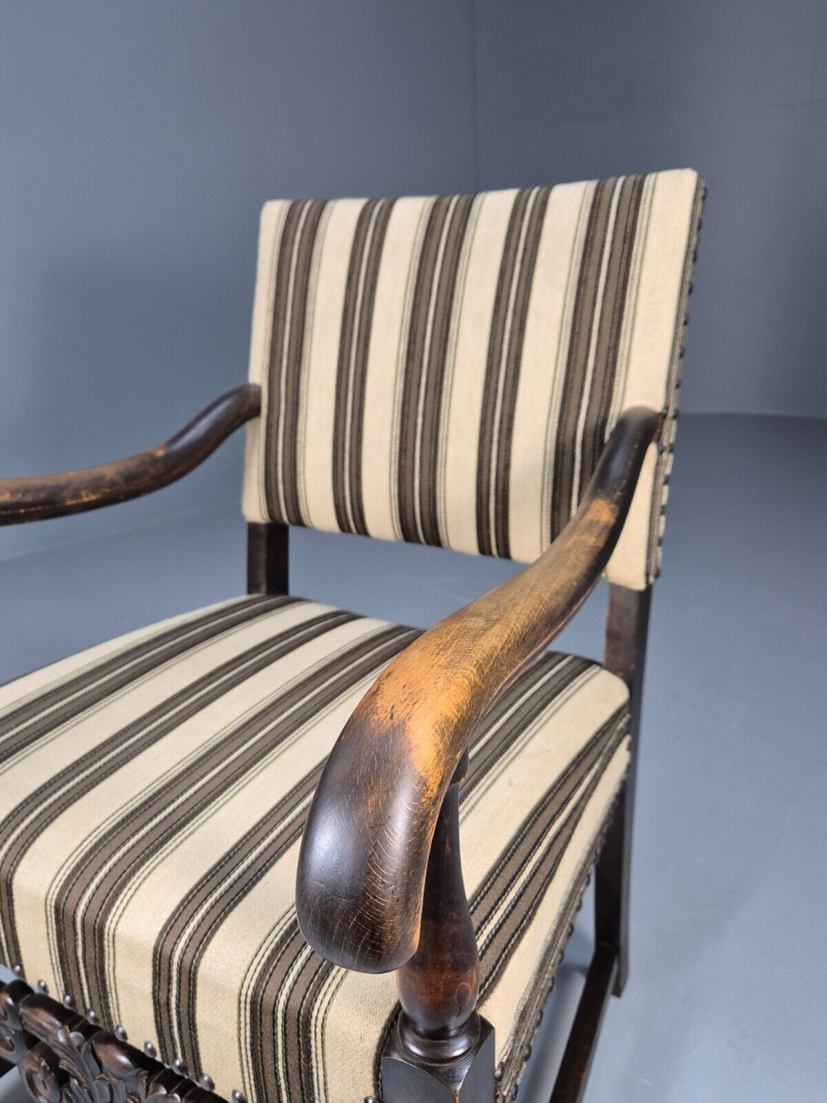 Vintage Danish Baroque Style Elbow Chair Striped Wool Upholstery EB9383 VCAR - UKDK FURNITURE
