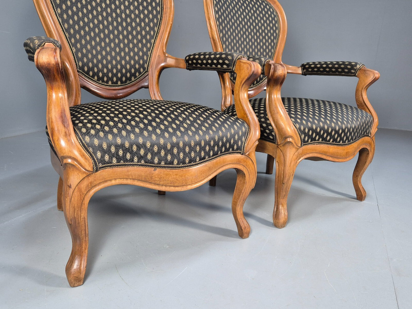 Antique Mahogany Armchair Pair Black Pattern Fabric Louis XV Style EB9558 VCLO - UKDK FURNITURE