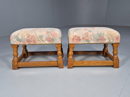 2 Vintage Footstools Floral Cotton Light Oak Antique Style 32 cmEB9153 VWOO - UKDK FURNITURE