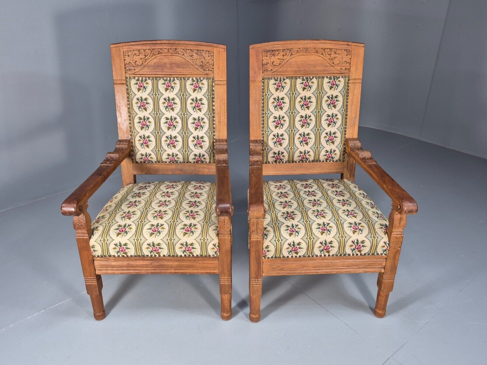 2 Vintage Danish Lounge Chairs Floral Embroidery Oak Frame Antique EB8916 VCAR - UKDK FURNITURE