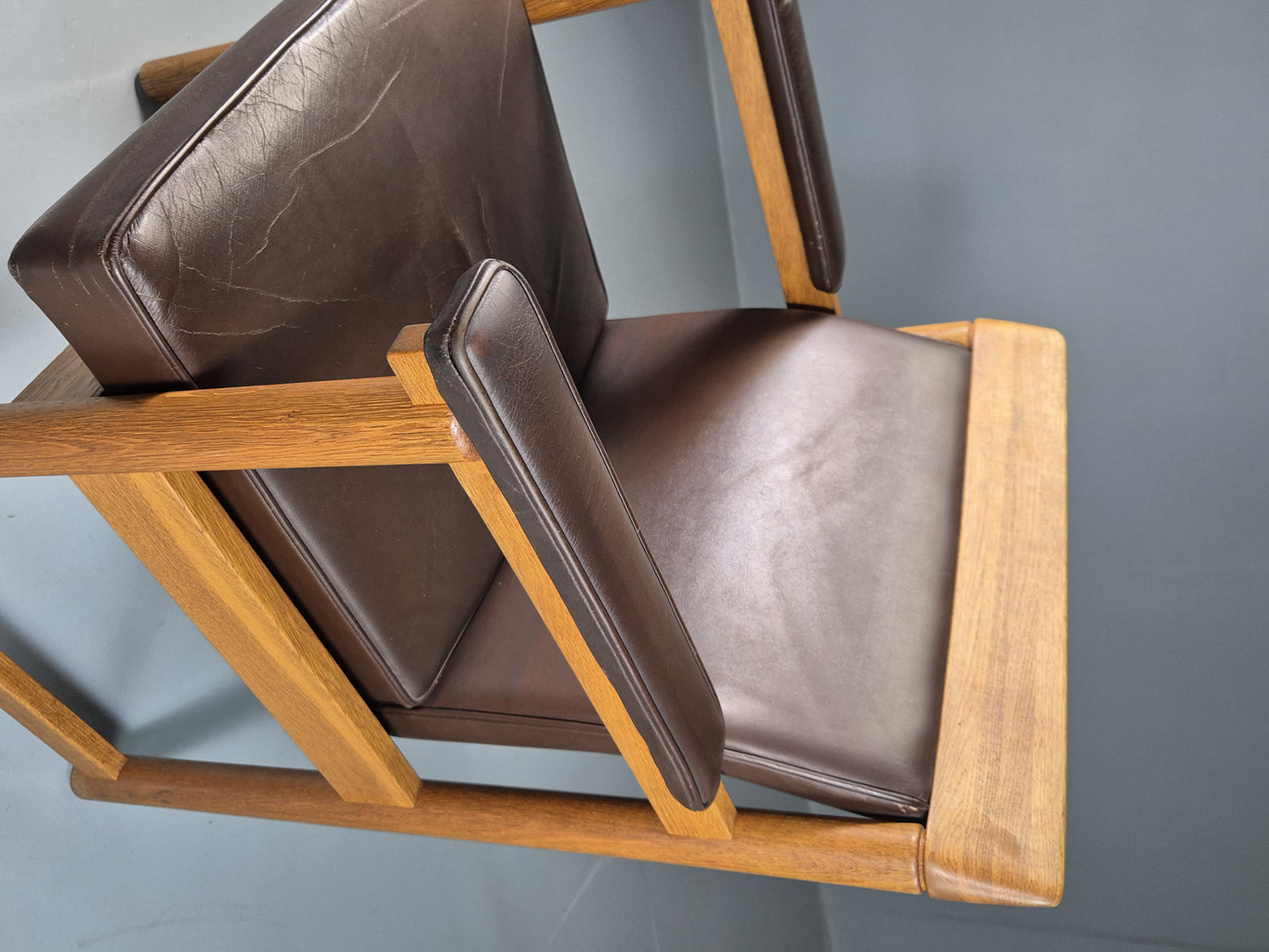 EB7165 Vintage Swedish Elbow Chair Brown Leather Oak 1960s Retro MCM MNOR - UKDK FURNITURE